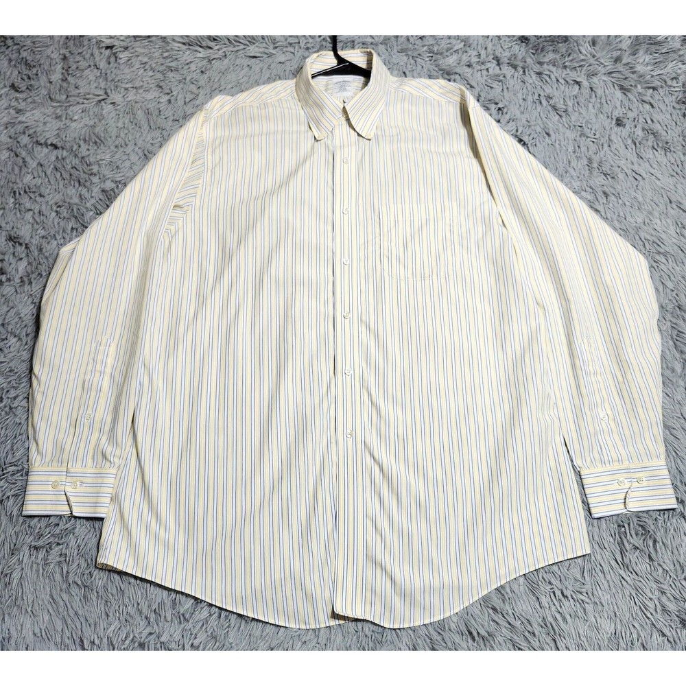Brooks Brothers Dress Shirt Mens 17-4/5 Slim Fit Non-Iron‎ Yellow Blue Striped